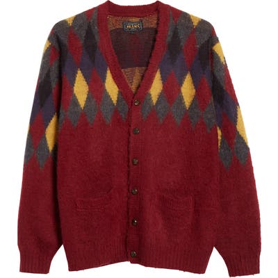 Beams Plus Intarsia Diamond Cardigan, Burgundy