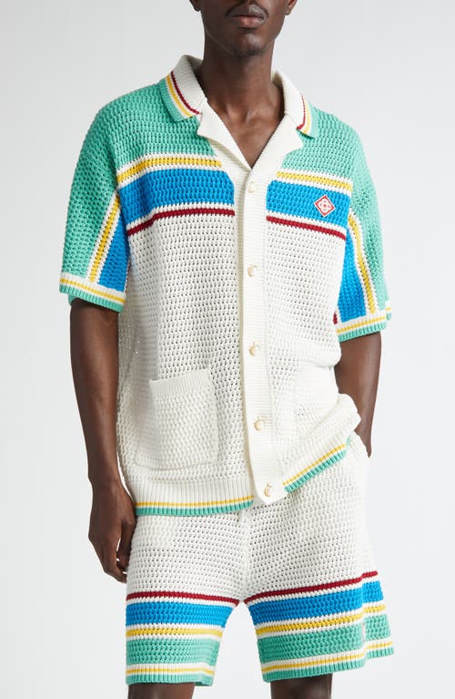 Casablanca Crochet Effect Short Sleeve Button-Up Shirt in Off White /Blue/Green Multi at Nordstrom, Size Medium