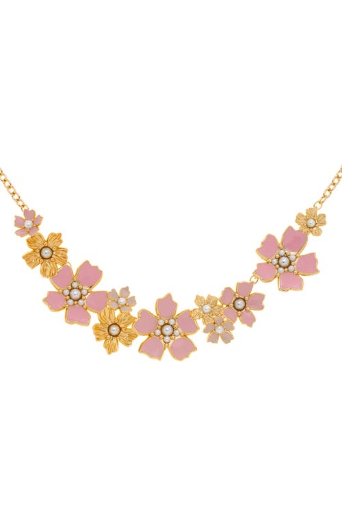 Patarla Flower Statement Necklace in Gold Tone/Light Pink/Pearl