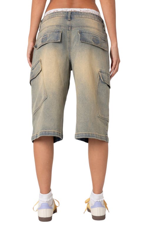 Edikted Lace Boxer Denim Bermuda Shorts In Blue-vintage-washed