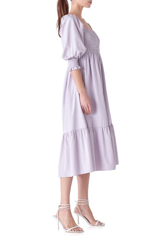 Shop English Factory Gingham Smocked Puff Sleeve Midi Dress In Lilac/blush