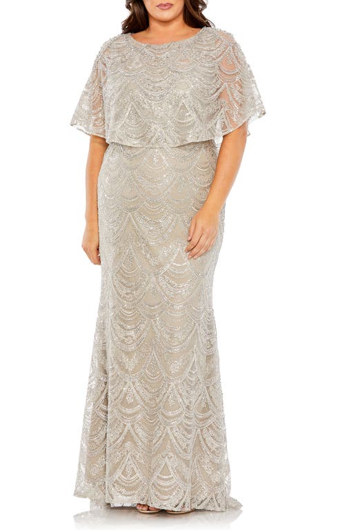 Sequin Print Cape Bodice Gown in Platinum