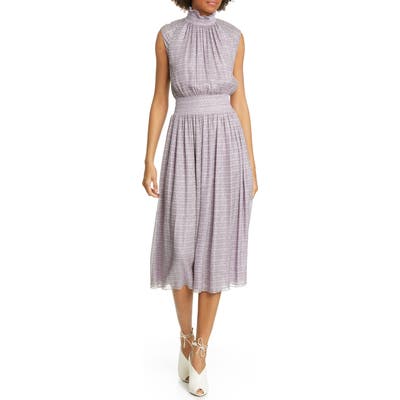 Adam Lippes Smocked Metallic Silk Chiffon Midi Dress, Purple