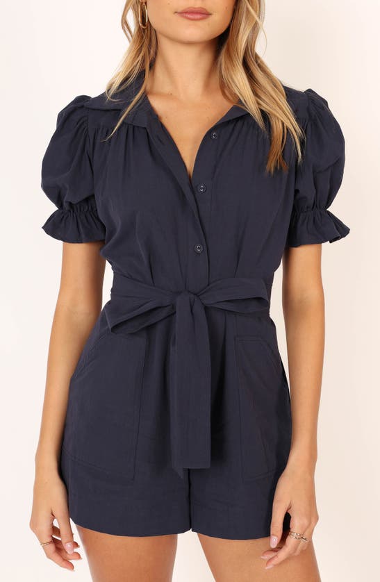 Shop Petal And Pup Petal & Pup Riley Tie Waist Cotton Romper In Navy