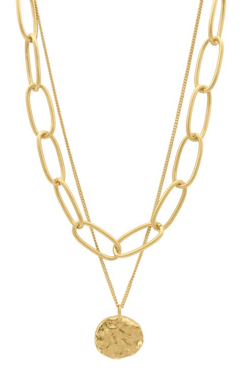14K Gold Plate Large Chain & Coin Layered Necklace