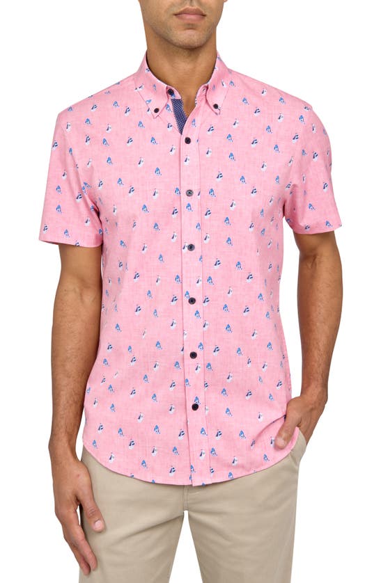 Construct Slim Fit Coral Boat Four-way Stretch Performance Short Sleeve Button-down Shirt