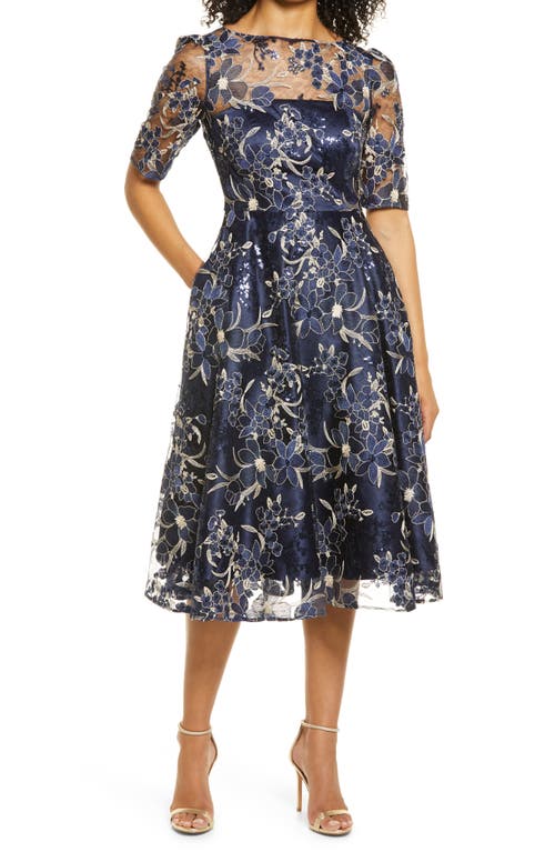 Sequin Floral Embroidery Fit & Flare Cocktail Midi Dress in Navy