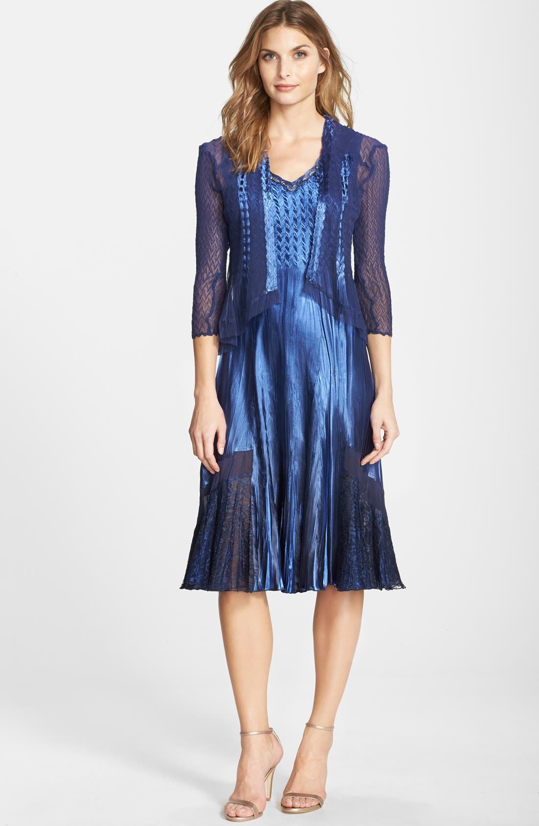 Komarov Lace Trim Charmeuse & Chiffon Dress with Jacket (Petite