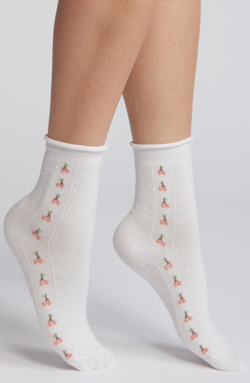 Floral Embroidered Cotton Crew Socks in Cream Rose