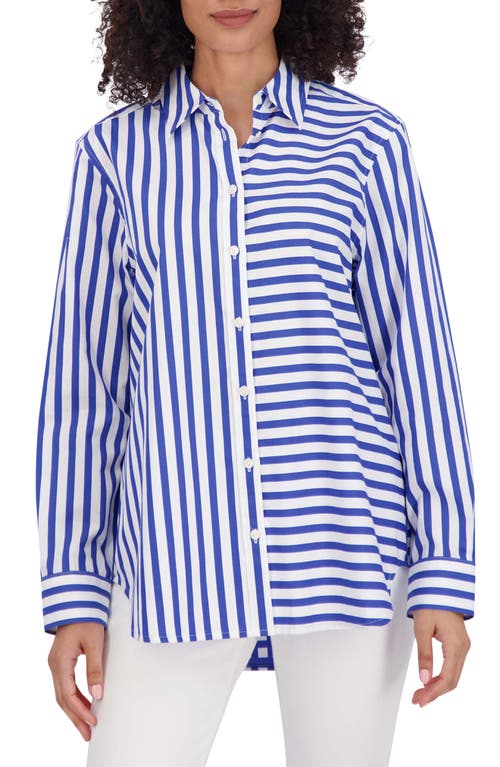 Shop Foxcroft Mix Stripe Boyfriend Shirt In Blue/white