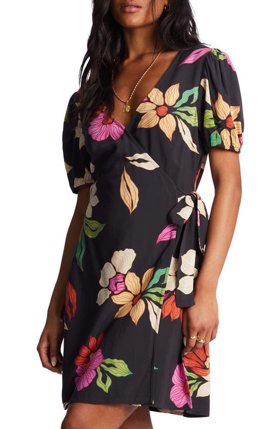 Shop Billabong Hot Tropics Floral Wrap Minidress In Black Pebble