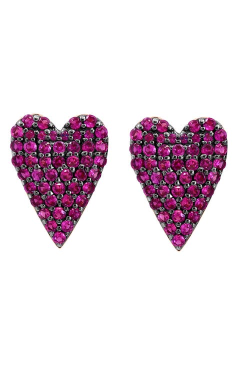 14K Rose Gold Pavé Pink Sapphire Heart Stud Earrings