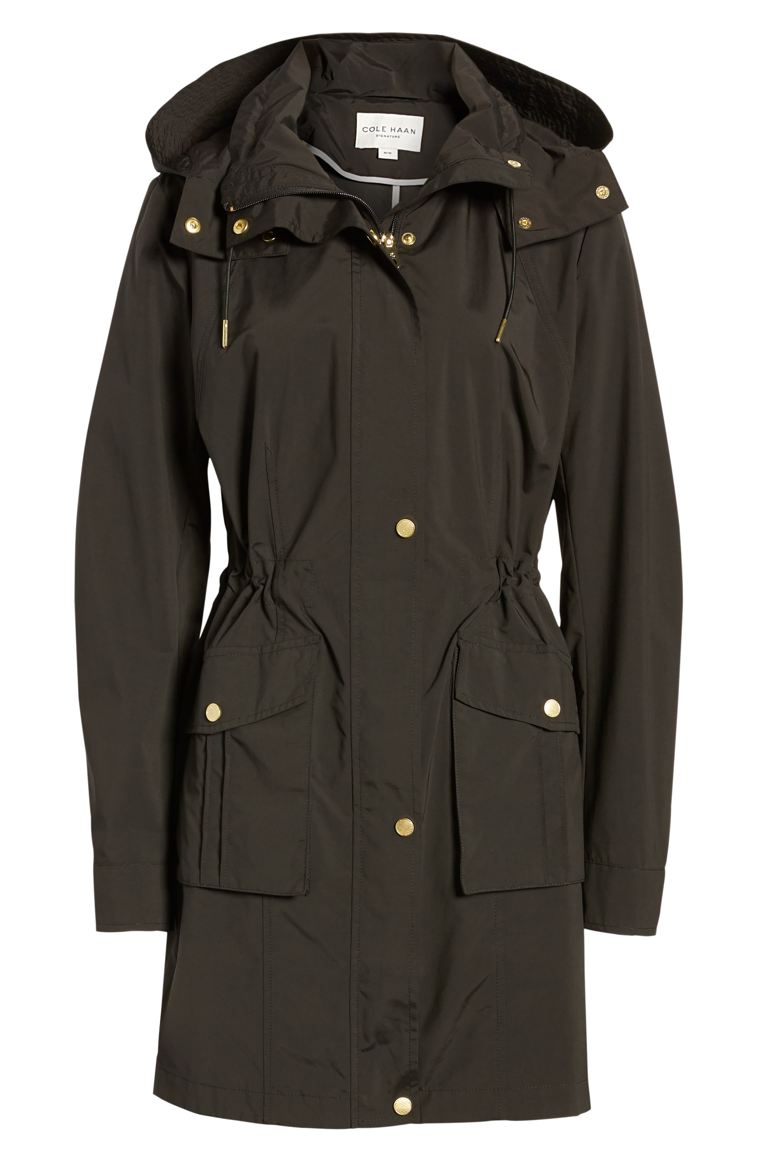 rachel double breasted long trench coat with detachable hood