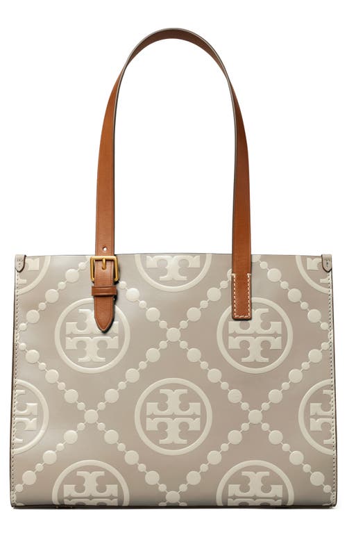 Shop Tory Burch Small T Monogram Contrast Embossed Tote In Longan/new Cream