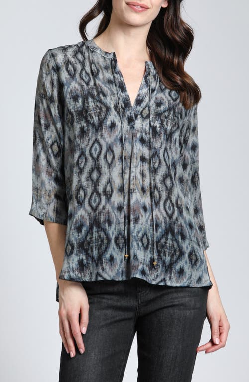 Apny Ikat Print Tie Neck Top In Grey Multi