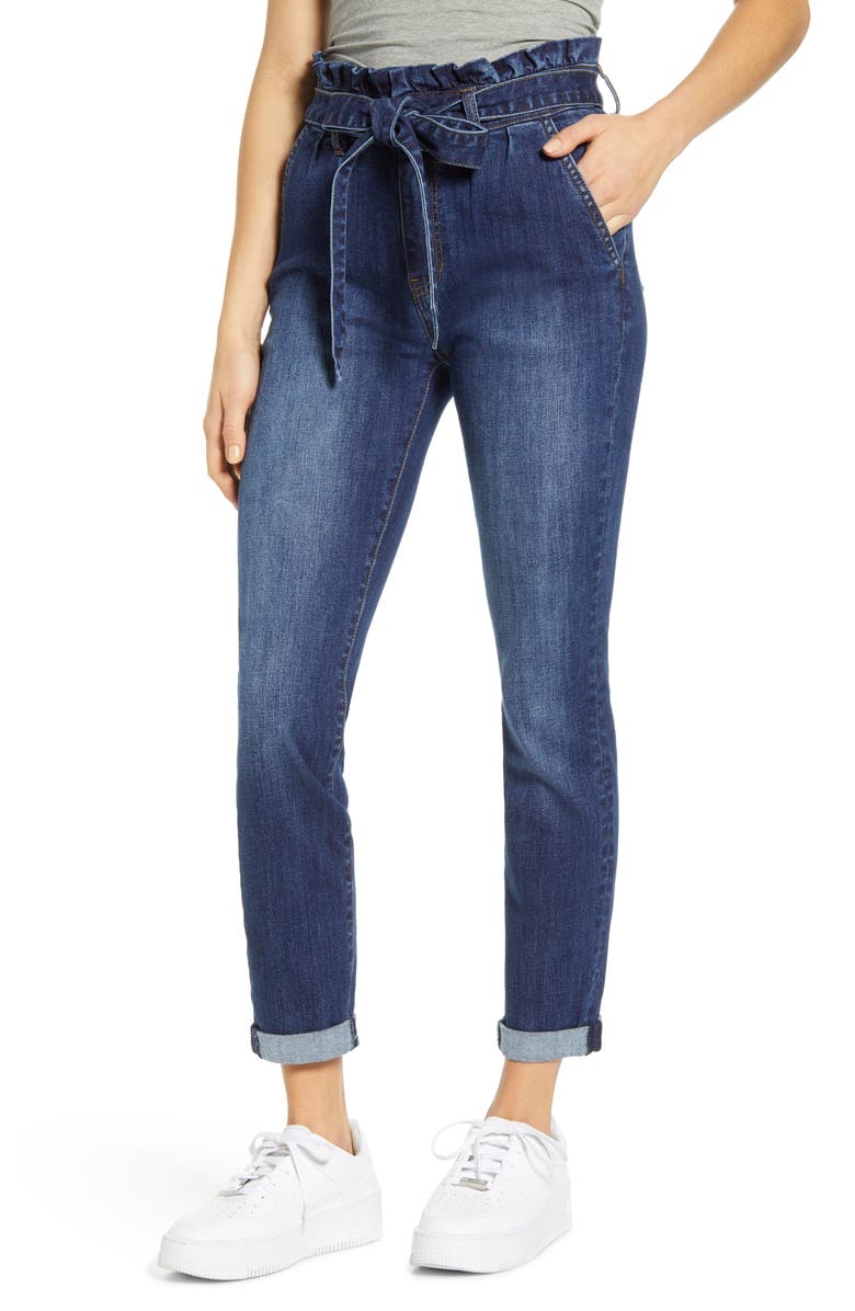 MADE IN BLUE High Paperbag Waist Ankle Skinny Jeans, Main, color, DARK WASH