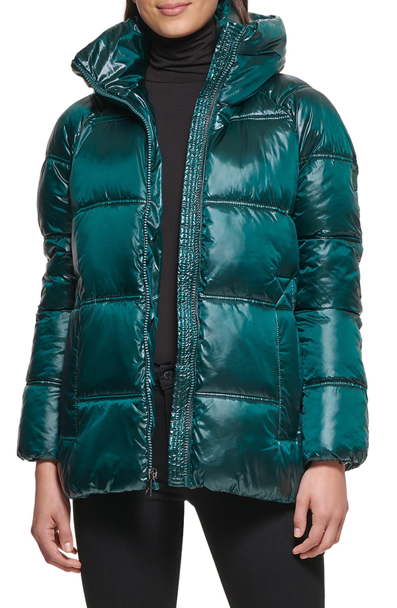 dark green puffer jacket