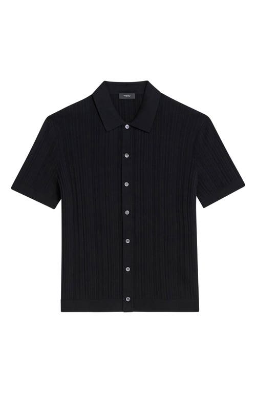 Shop Theory Cairn Rib Short Sleeve Button-up Knit Shirt In Black