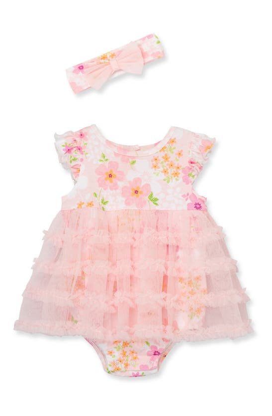 Little Me Babies' Floral Print Skirted Bodysuit & Headband Set In Pink