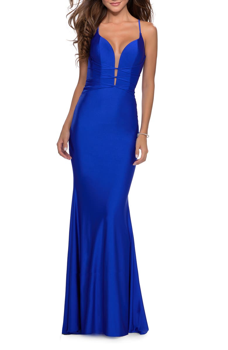 La Femme Triple Twist Detail Satin Jersey Trumpet Gown | Nordstrom