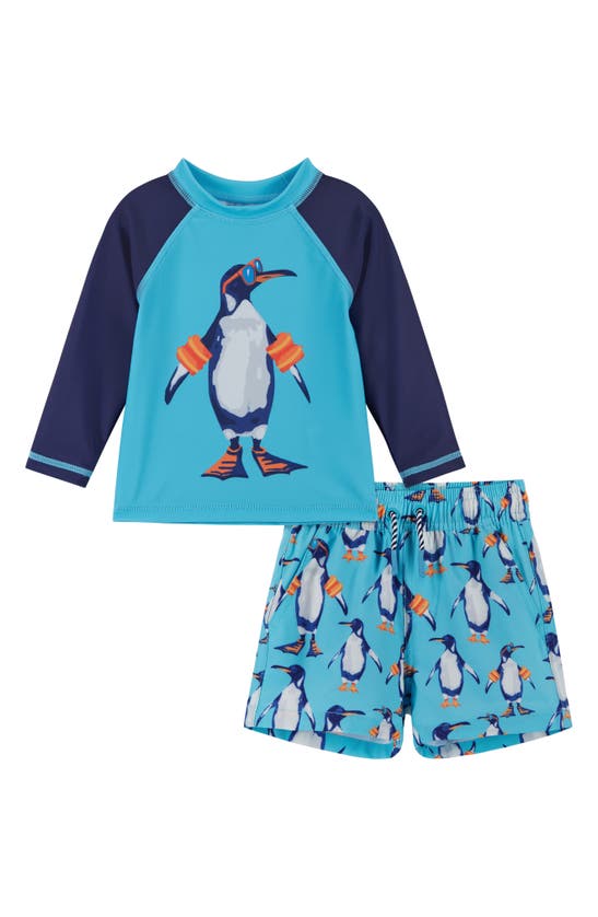 Andy & Evan Babies' Long Sleeve Two-piece Rashguard Swimsuit In Aqua Penguin