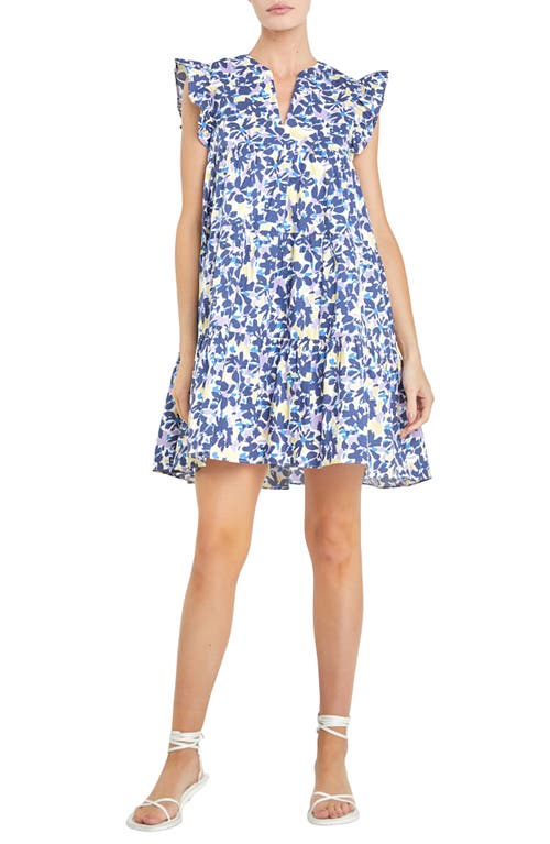 English Factory Floral Ruffle Cap Sleeve Babydoll Minidress Blue Multi at Nordstrom,