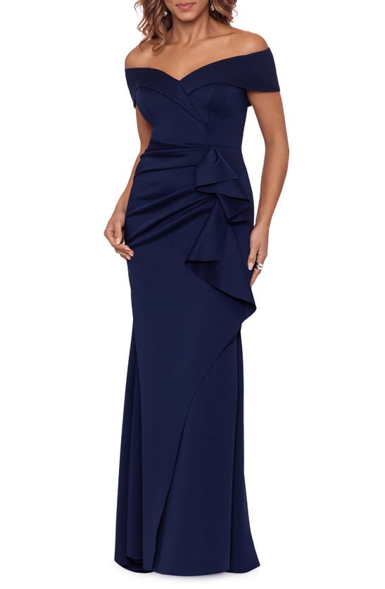 Xscape Off The Shoulder Ruffle Scuba Gown In Midnight | ModeSens