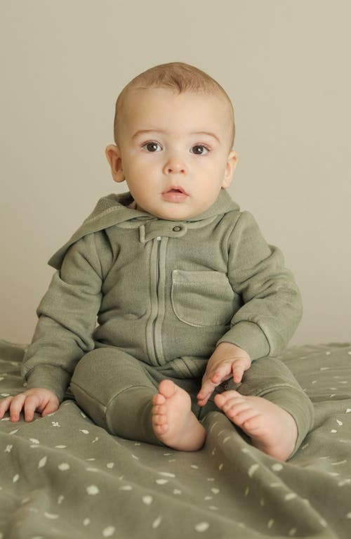 Shop L'ovedbaby Hooded Organic Cotton Zip Romper In Hunter