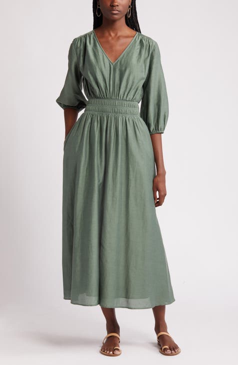 Smocked Waist Cotton & Silk Dress