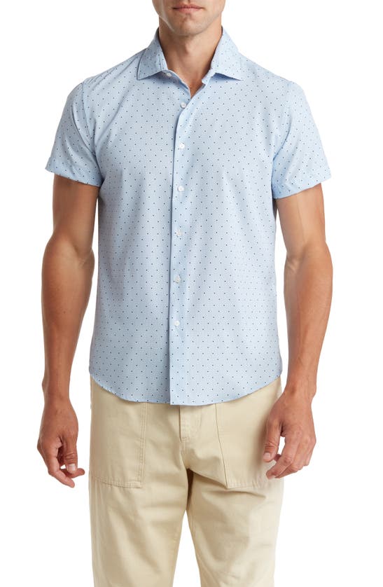 Denim And Flower Dot Print Short Sleeve Button-up Shirt In Light Blue