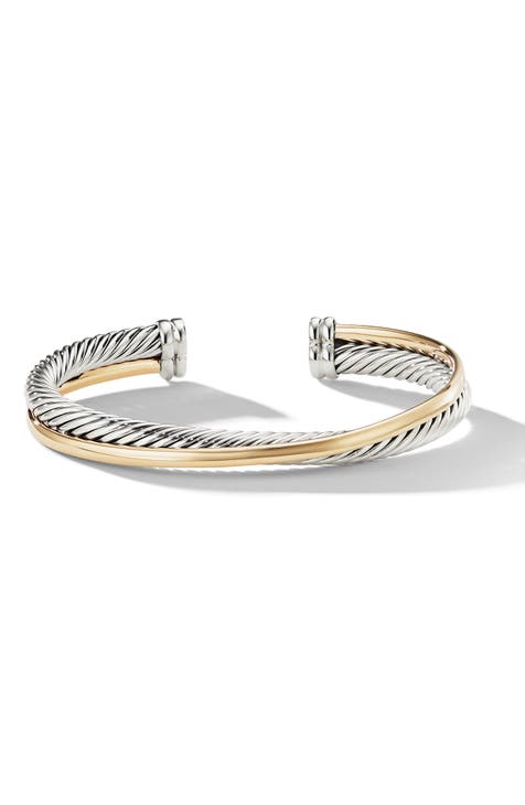 Crossover Two-Row Cuff Bracelet in Sterling Silver with 18K Yellow Gold, 5mm