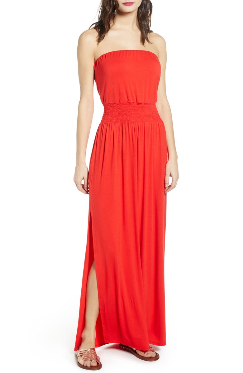 Strapless Maxi Dress, Main, color, RED FIERY