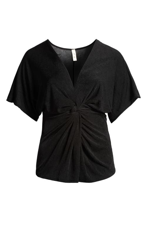 24seven Comfort Apparel Plus Size V Neck Knot Front Kimono Sleeve Top In Black