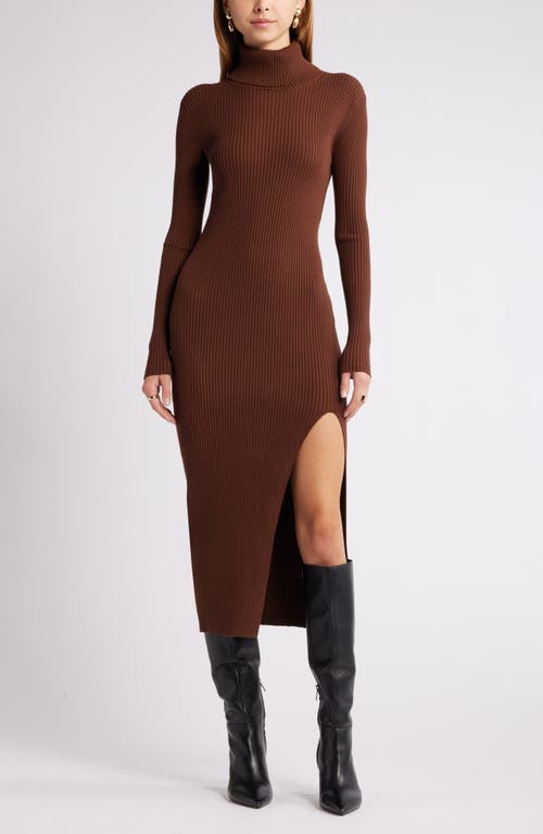 Shop Open Edit Rib Long Sleeve Turtleneck Sweater Dress In Brown Soil