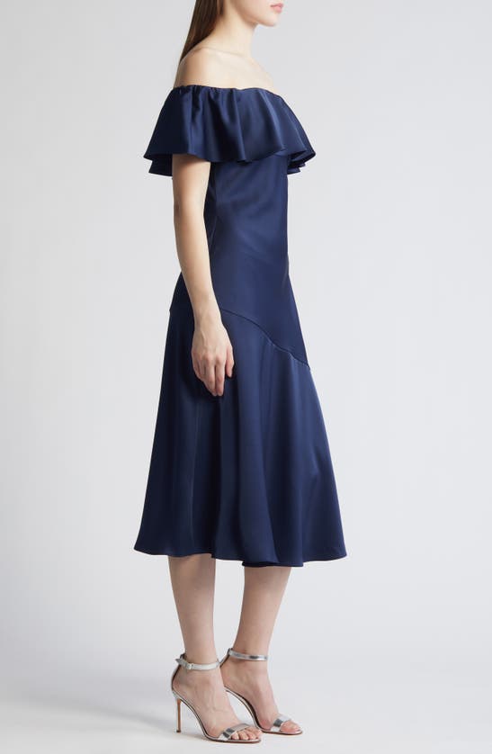 Sam Edelman Off The Shoulder A-line Satin Midi In Navy