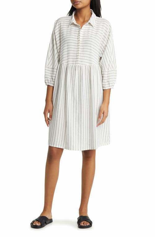 caslon(r) Stripe Long Sleeve Linen Blend Dress in White- Grey Ebony Stripe