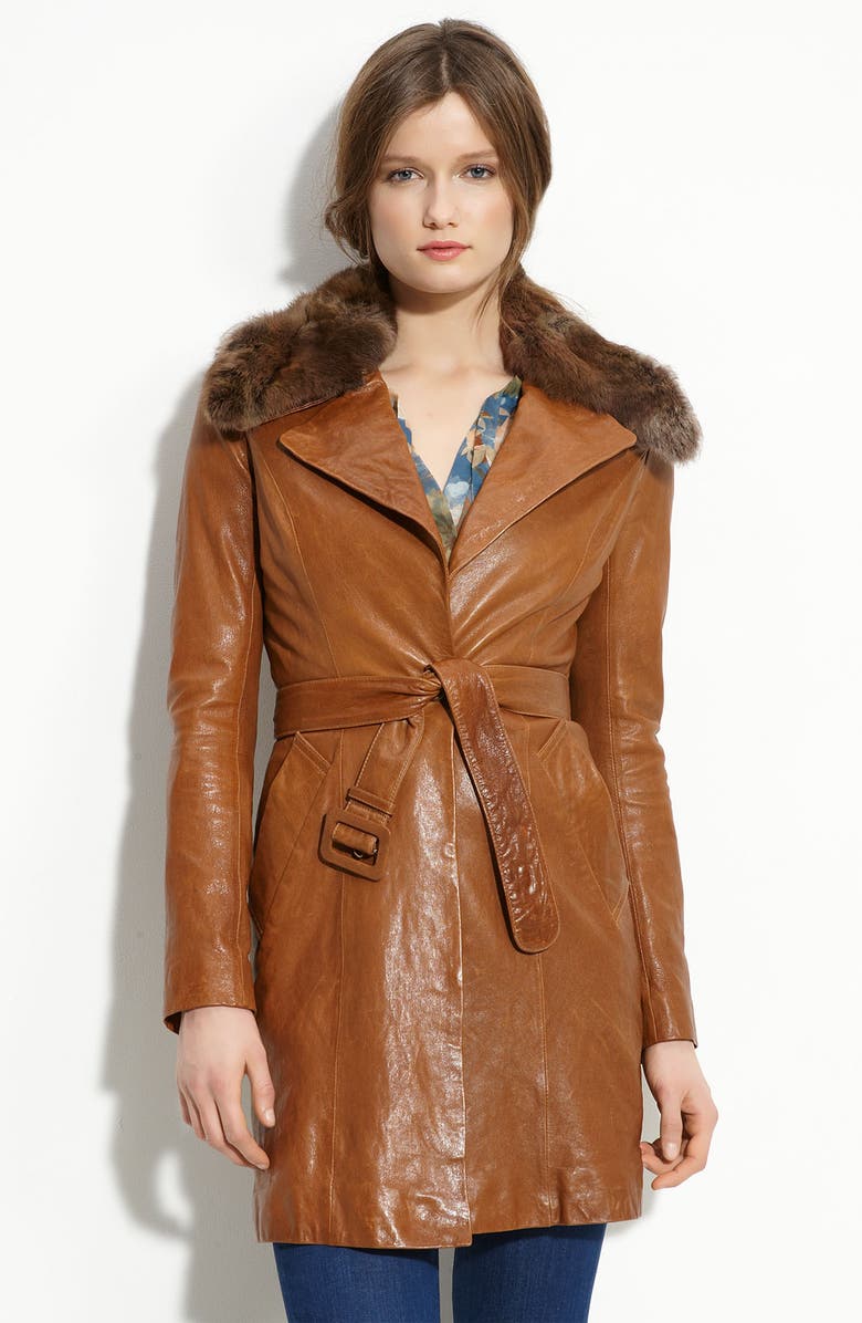 Leather Trench Coat With Genuine Rabbit Fur Collar