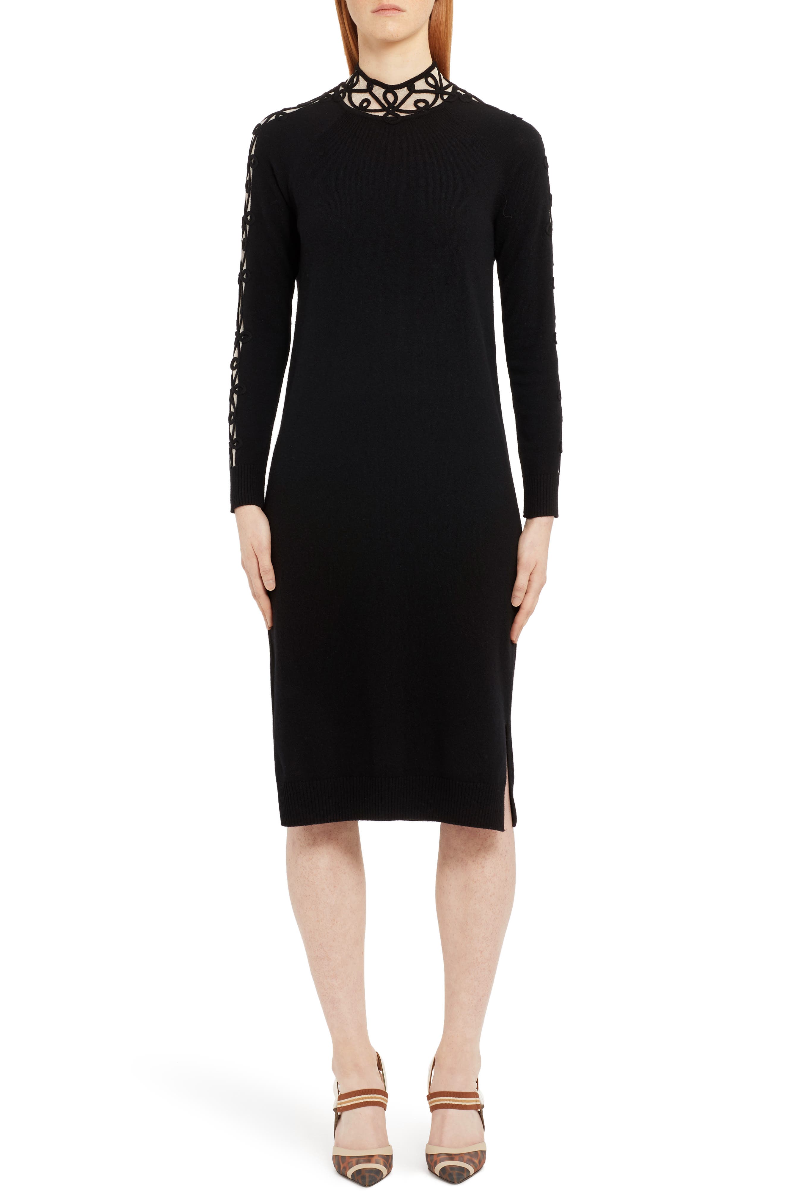 Fendi Long Sleeve Swirl Inset Cashmere Blend Sweater Dress, US / 40 IT - Black