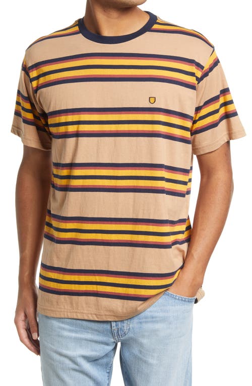 Brixton Hilt Shield Stripe Crewneck T-Shirt in Tan/Golden Glow/Navy