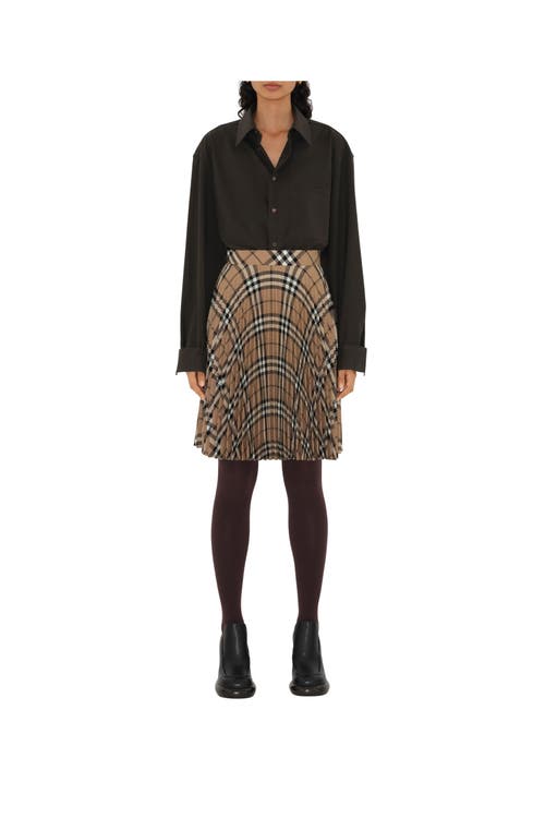 Burberry Pleated Check Wool Blend Skirt In Linden