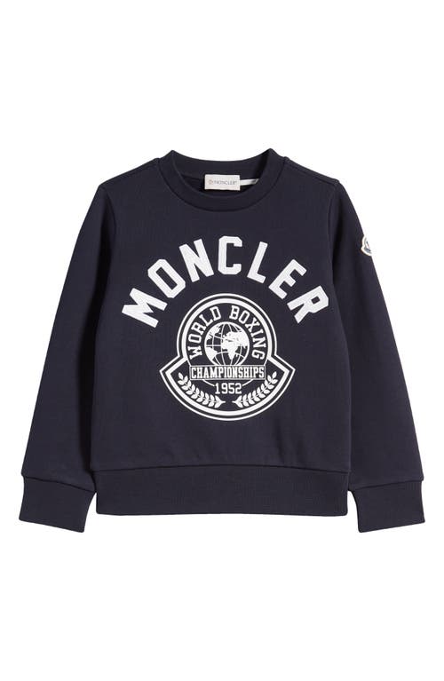 Moncler Kids' World Boxing Logo Cotton Fleece Sweatshirt Blue Navy at Nordstrom,