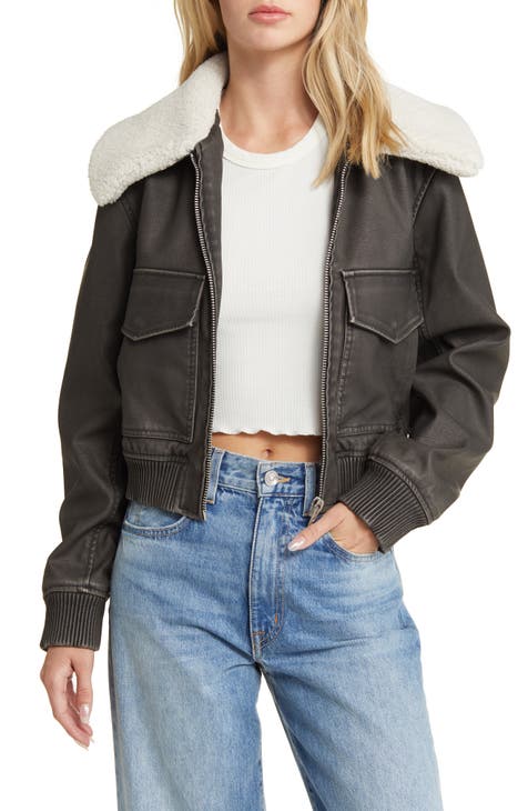 Faux Leather Aviator Jacket with Faux Shearling Collar