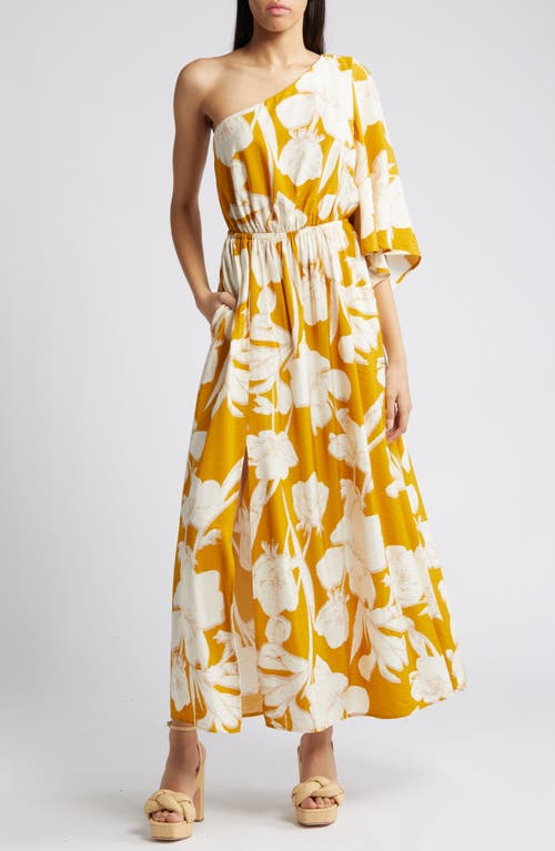 Floral One-Shoulder Maxi Dress in Yellow Lotus Blooms