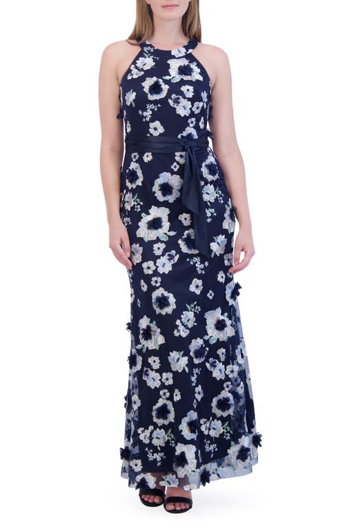 Eliza J Embroidered Floral Appliqué Halter Neck Gown Navy at Nordstrom,