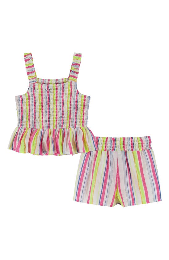 Shop Andy & Evan Kids' Stripe Smocked Tank & Shorts Set In White Fuchsia