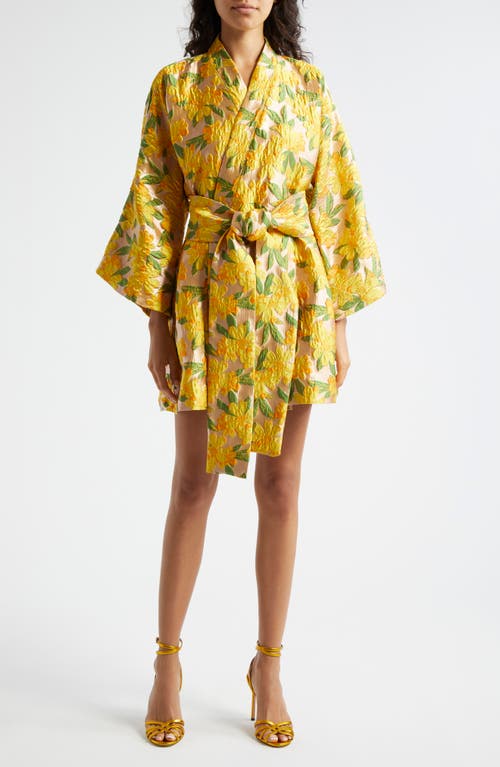 Shop La Vie Style House Floral Brocade Long Sleeve Cover-up Wrap Minidress In Yellow Gold Multi