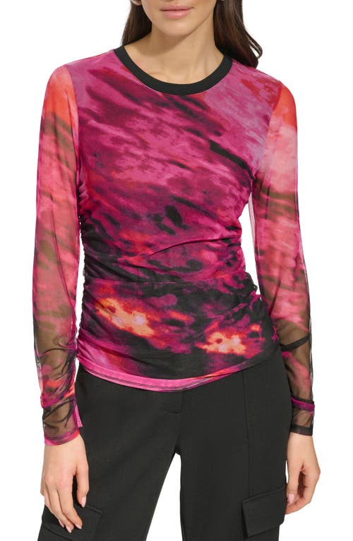 DKNY Print Ruched Mesh Top Shocking Pink Multi at Nordstrom,