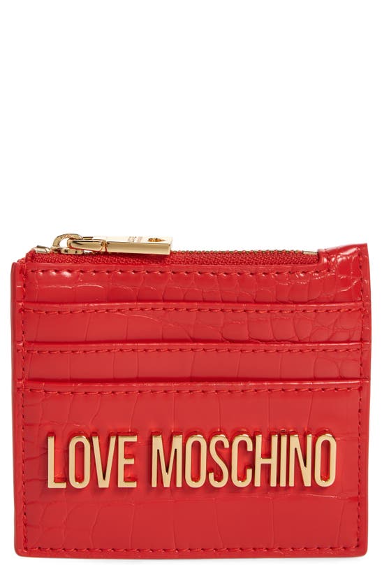 Shop Love Moschino Croc Embossed Faux Leather Zip Card Wallet In Red