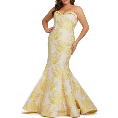 Plus Size MAC Duggal Metallic Floral Brocade Strapless Mermaid Gown, Yellow