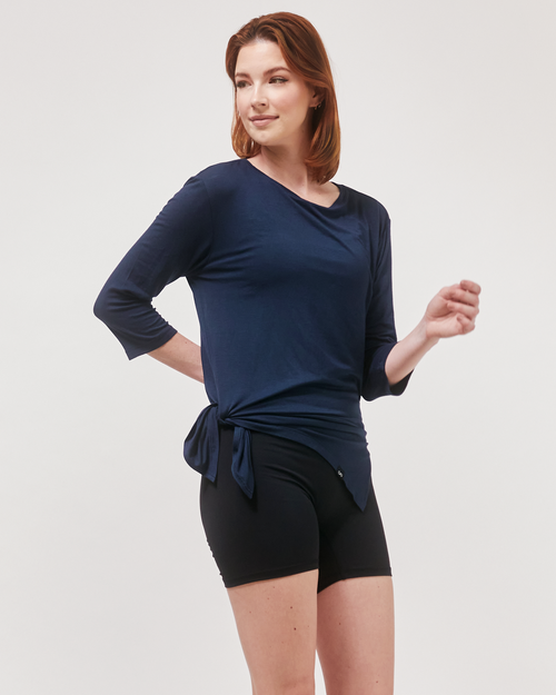 Shop Rebody Active Anen Side Tie 3/4 Sleeve Top In Cool Navy